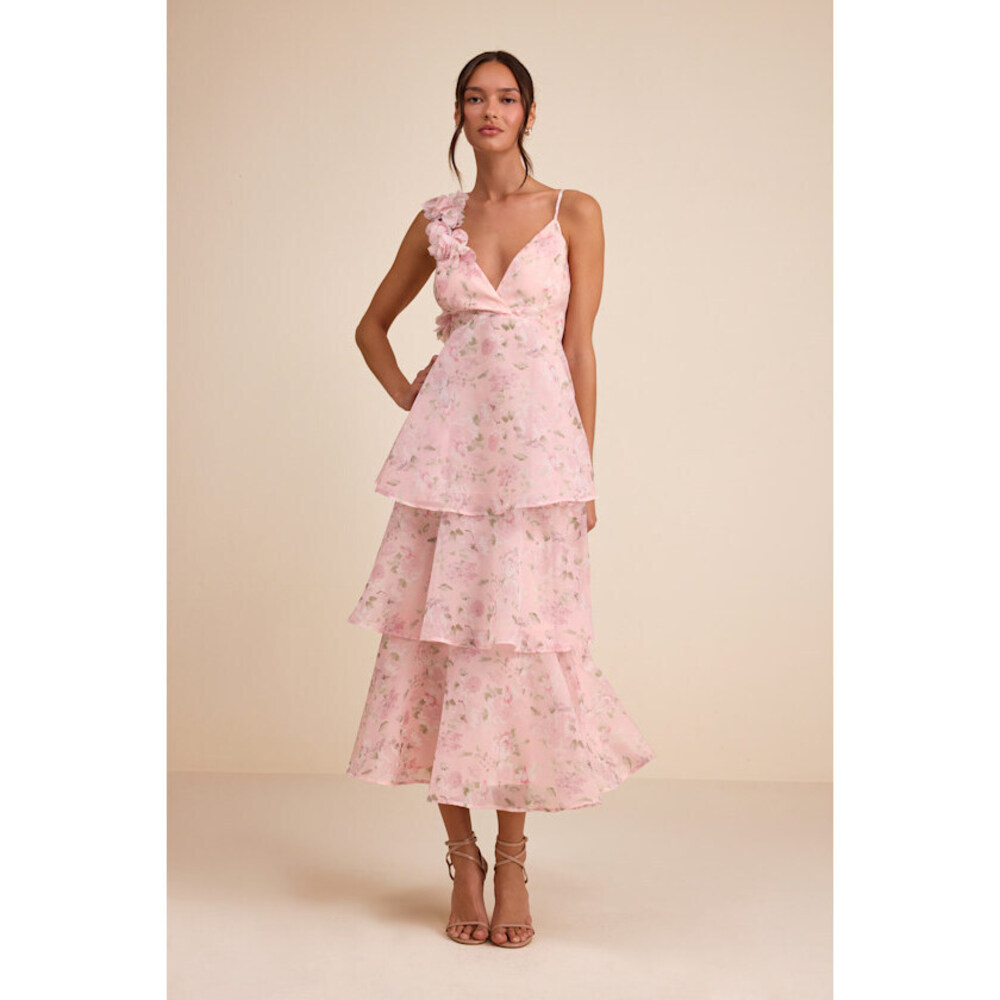 Lulus Daleyza Light Pink Floral Organza Tiered Midi Dress - Size S
